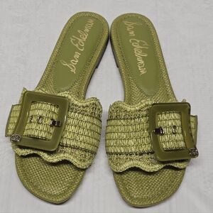 NEW SAM EDELMAN women's bambi raffia buckle slide sandals in green 8.5 Boho Chic